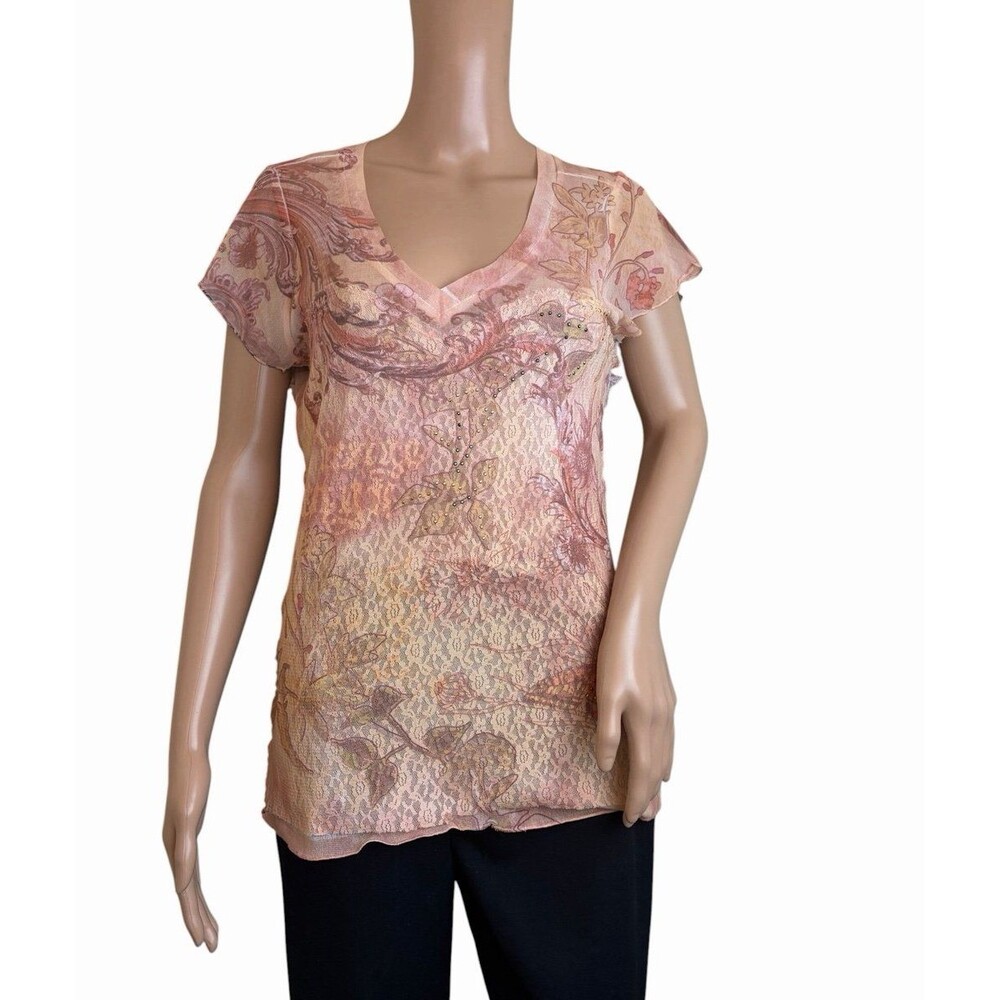Dressbarn Sheer Lace Floral Blouse in Peach & Rose Tones
